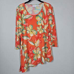 Susan Graver Women Floral Liquid Knit Asymmetric Tunic Top Large Orange Tropical